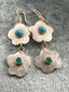 Double Flower Dangle Earrings with Turquoise and Emerald in Gold and Silver