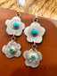 Double Flower Dangle Earrings with Turquoise and Emerald in Gold and Silver