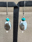 Rainbow Gray Pearl and Turquoise Dangle Earrings in Silver